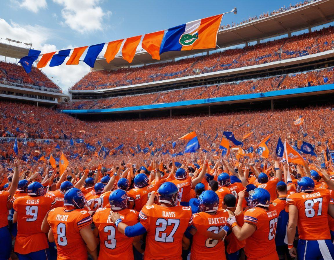 A dynamic scene depicting enthusiastic Gators supporters dressed in vibrant orange and blue, waving flags and wearing gator-themed attire. In the background, a roaring stadium filled with excited fans, flames subtly integrated into the atmosphere reflecting the rivalry. The foreground features diverse individuals showcasing loyalty and team spirit, surrounded by football paraphernalia. Capture the fervor of college sports culture with bold colors and action. super-realistic. vibrant colors. energetic atmosphere.