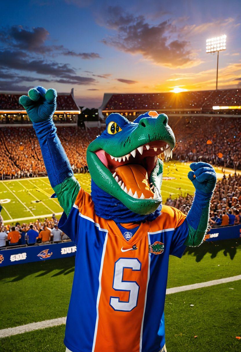 A vibrant scene depicting a lively college football game in Florida, featuring fans in Gator blue and orange cheering passionately in the stands. In the foreground, an alligator mascot is playfully interacting with excited students. The background showcases the iconic Florida sun setting, casting a warm glow over the stadium. Add elements of confetti and banners celebrating the college spirit. super-realistic. vibrant colors. energetic atmosphere.