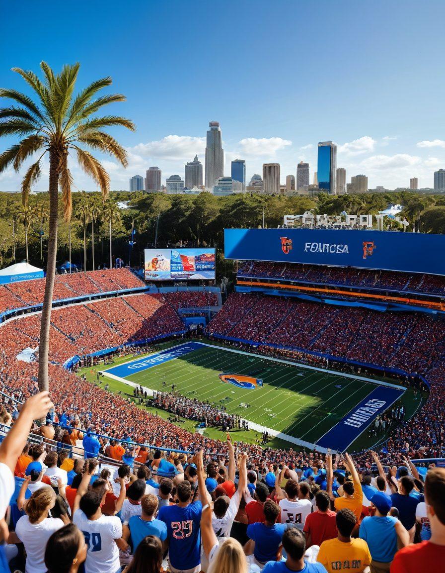 A vibrant stadium filled with enthusiastic fans wearing college sports team colors, holding banners and signs, showcasing their passion and unity. The backdrop features iconic Florida landmarks subtly integrated into the scene. In the foreground, diverse groups of fans cheer together, symbolizing community spirit. Include a bright blue sky adding to the energetic atmosphere. super-realistic. vivid colors. sports-themed.